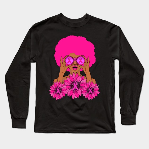 Afro Girl In October We wear Pink Breast Cancer Awareness Long Sleeve T-Shirt by Sandra Holloman